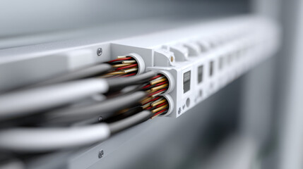 Clean white casing with cables in battery system output, showcasing modern technology