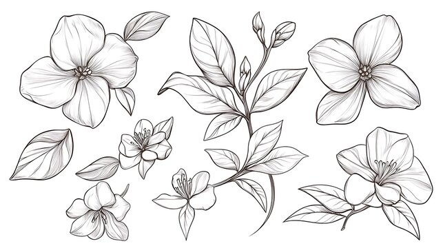 Hand-drawn floral design with jasmine flowers and leaves in vector style picture