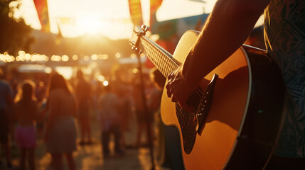 A close-up shot of an artist performing at Donauinselfest, with a guitar in hand, bathed in golden sunlight. Behind them, the energetic crowd sways to the music near the Danube’s serene waters