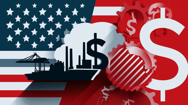 Konzeptgrafik zu US-Handelspolitik mit amerikanischer Flagge, Dollarzeichen und Industrielandschaft