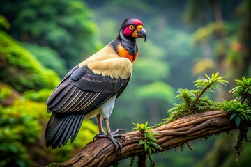 Majestic King Vulture in Rainforest Canopy: Dark Feathers Against Lush Green Foliage