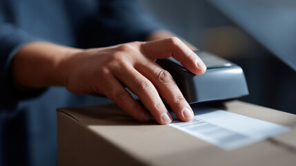 Close up of hands using scanner on package for barcode reading. Efficient and precise