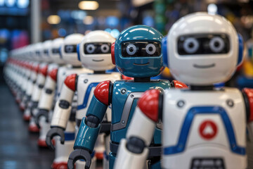 Fototapeta premium Row of white robots with a coloured one in between