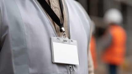 Close up of construction worker ID badge on reflective vest, with blurred background