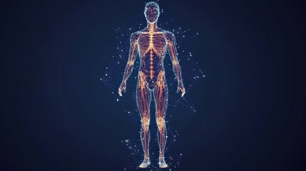 Abstract human body with connection lines and dots on a dark blue background