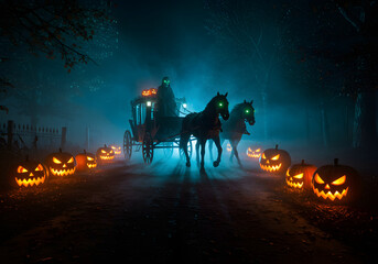 Fototapeta premium Spooky Horse Drawn Carriage on Halloween Night