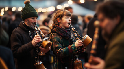Fototapeta premium The heart of Glasgow’s Celtic Connections, where traditional Scottish music meets international artistry. Intimate venues radiate the warm glow of the winter festival, as performers play bagpipes and 