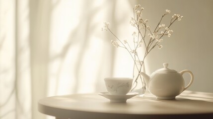 Fototapeta premium Soft, sunlit morning scene with delicate flowers and tea.