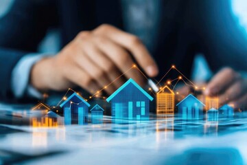 A person analyzing holographic houses with rising graph lines for real estate investment growth