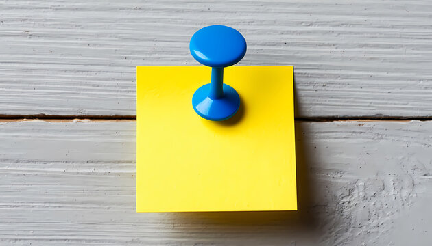 A yellow note is secured with a blue button on a wooden surface. The simplicity of the composition emphasizes office or home organization and visual reminders