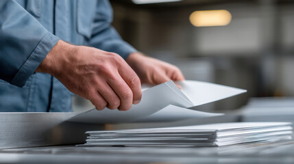 worker in factory carefully handles paperwork, focusing on organization
