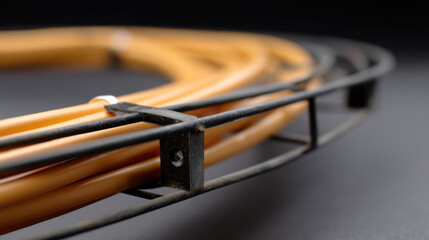 Coiled solar cable wrapped on industrial frame, showcasing minimal design