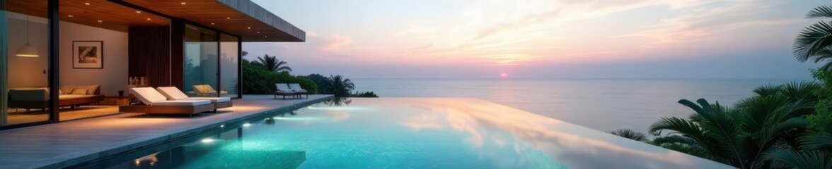 Modern infinity pool, sleek villa Balinese-style, luxury home, architecture design