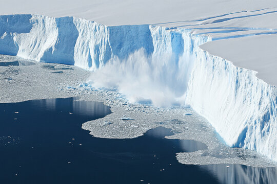 Ice calving from the fracture zone of a glacier crashing into the ocean
