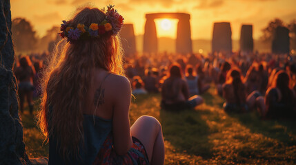 Summer Soltice Festival, Woman in Floral Crown Watching Summer Solstice at Stonehenge, Ai Generated Images.