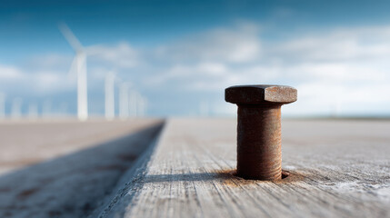 Fototapeta premium rusty bolt is embedded in concrete surface with wind turbines in blurred background, creating minimalist scene