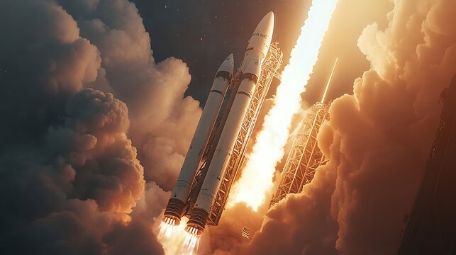 High-powered rocket launch of Ariane 6 vehicle breaking through clouds image