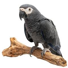 Obraz premium Majestic African Grey Parrot Perched on Branch Against Dark Backdrop Elegantly