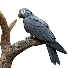 Obraz premium African grey parrot perched gracefully on a branch, isolated against black backdrop