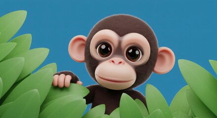 Obraz premium Adorable cartoon monkey amidst vibrant jungle leaves with curious expressive eyes