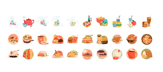 Vector illustration of a set of food icons and graphic elements.