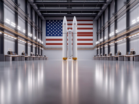 Powerful USA space rocket with large flag in hangar. American aerospace innovation shows patriotism and engineering achievements in rocket design and rocket progress. - Powered by Adobe