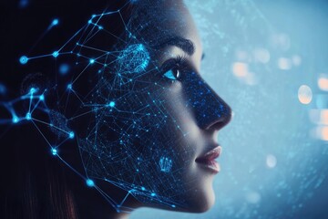 Profile of a woman with digital network overlay in blue tones and blurred background elements viewed closely