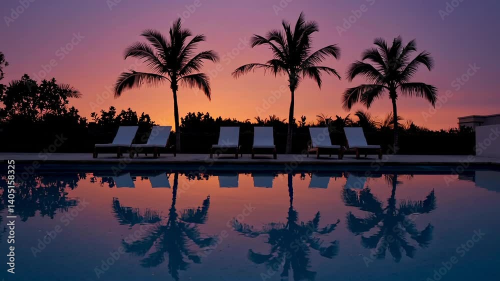 Aufkleber orange and purple sunset sky reflected on the surface of a calm swimming pool with silhouettes of pa