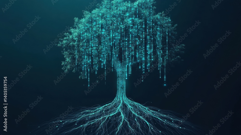 Aufkleber digital tree with glowing binary code and illuminated roots