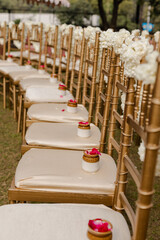 Elegant row of decorative golden chairs, adorned with white floral arrangements and small jars of rose petals, creating an ambiance of sophistication.