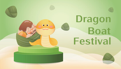 Stage with cartoon snake mascot and rice dumplings, Chinese Dragon Boat Festival, graphic design for advertising or poster