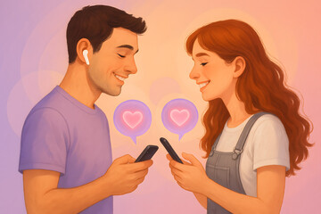 Fototapeta premium Digital Love: A vibrant illustration captures the essence of modern romance, with a smiling man and woman connecting through technology, exchanging heartfelt messages via their smartphones.