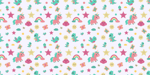Seamless kawaii pattern with unicorns, dinosaurs, rainbows and cute stars