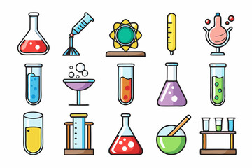 Colorful Science Lab Equipment Vector Icons Cartoon Test Tubes, Flasks, and Beakers Set