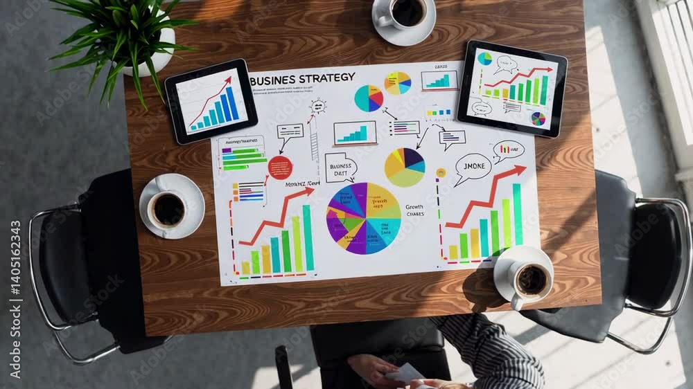Poster businesswoman sitting at desk analyzing business strategy on a large sheet of paper with colorful ch