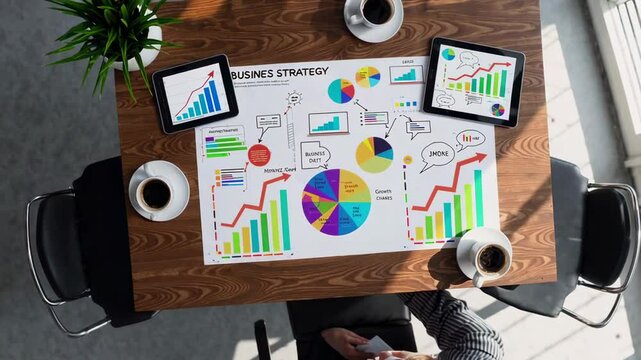 Businesswoman sitting at desk analyzing business strategy on a large sheet of paper with colorful charts, graphs, and data, using digital tablets for additional information, overhead view