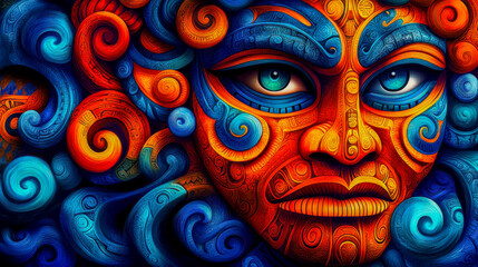 A vibrant digital artwork depicts a stylized face adorned with intricate swirling patterns in deep blues and fiery oranges.  The detailed textures and bold colors create a striking visual effect.