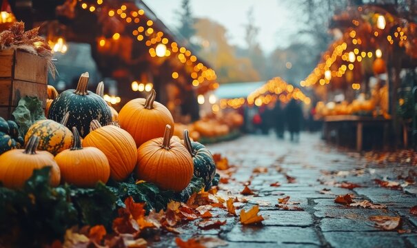 Colorful pumpkins and gourds on autumn market. Autumn background - Powered by Adobe