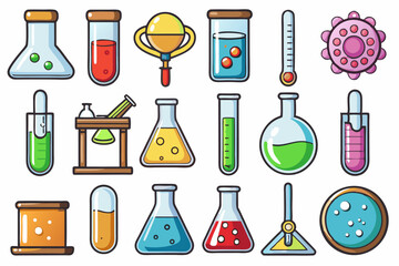 Colorful Science Lab Equipment Vector Icons Cartoon Test Tubes, Flasks, and Beakers Set