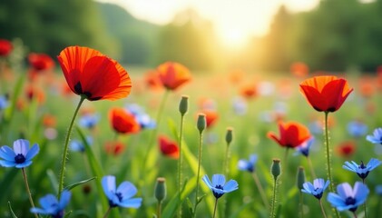 Obraz premium Scarlet poppies and delicate blue cornflowers sway gently in a summer breeze , swaying, sunlight