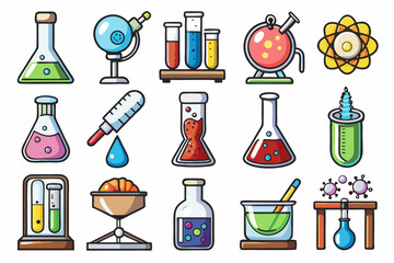 Colorful Science Lab Equipment Vector Icons Cartoon Test Tubes, Flasks, and Beakers Set