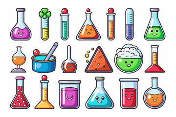 Colorful Science Lab Equipment Vector Icons Cartoon Test Tubes, Flasks, and Beakers Set