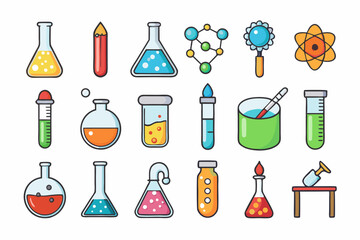 Colorful Science Lab Equipment Vector Icons Cartoon Test Tubes, Flasks, and Beakers Set