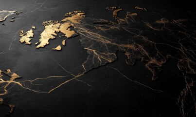 Golden world map on black marble, global connection concept, background texture, website banner
