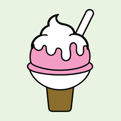 Delicious Pink Ice Cream Cone with Whipped Cream and Spoon vector editable