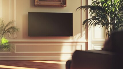 A modern TV framed as art on a minimalist wall, blending technology with timeless elegance.
