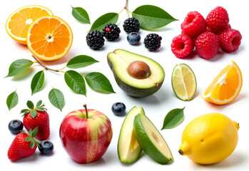 Naklejka premium Fruit Variety Collection Includes Raspberries Blackberries Orange Blueberries Avocado Strawberry.