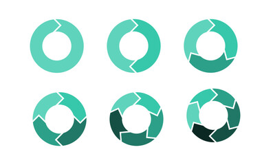 Set of pie chart diagrams. Circles cut separated on1,2,3, 4,5, 6, with empty middle,simple flat design vector illustration.
