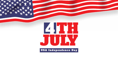 4th of July independence day with waving US flag ribbon. Patriotic design for American Independence Day celebration. 