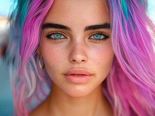 Fototapeta premium Girl with pink hair and freckles smiles with confidence. Youth style, individual look, and colorful hair express personality, freedom, and vibrant self-image.